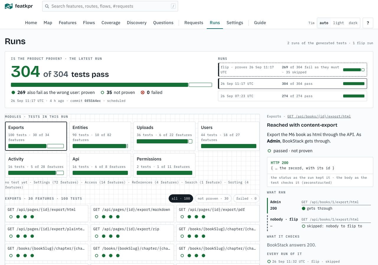featkpr's Runs screen for BookStack: every test in the last run, with the wrong-user check for each